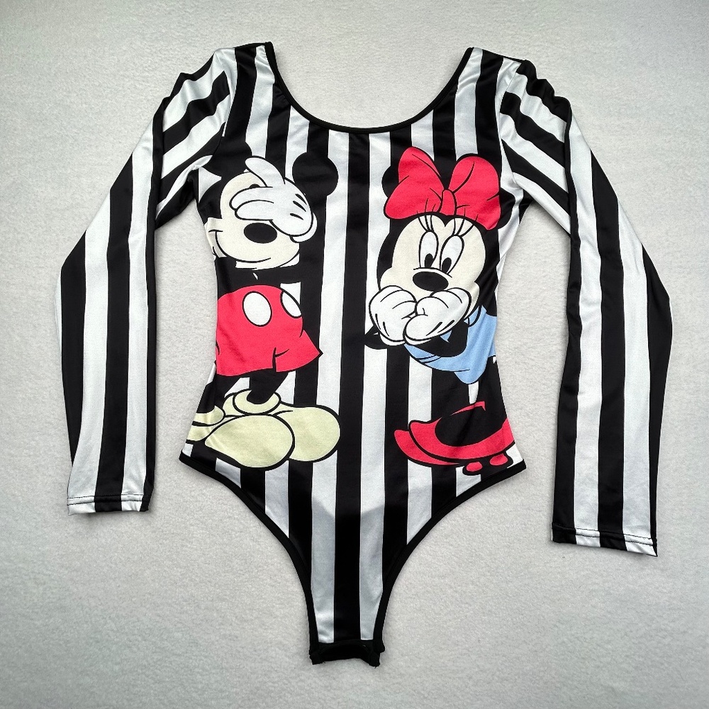 Disney women's Mickey Minnie Mouse Bodysuit Black White Vertical Stripes Medium